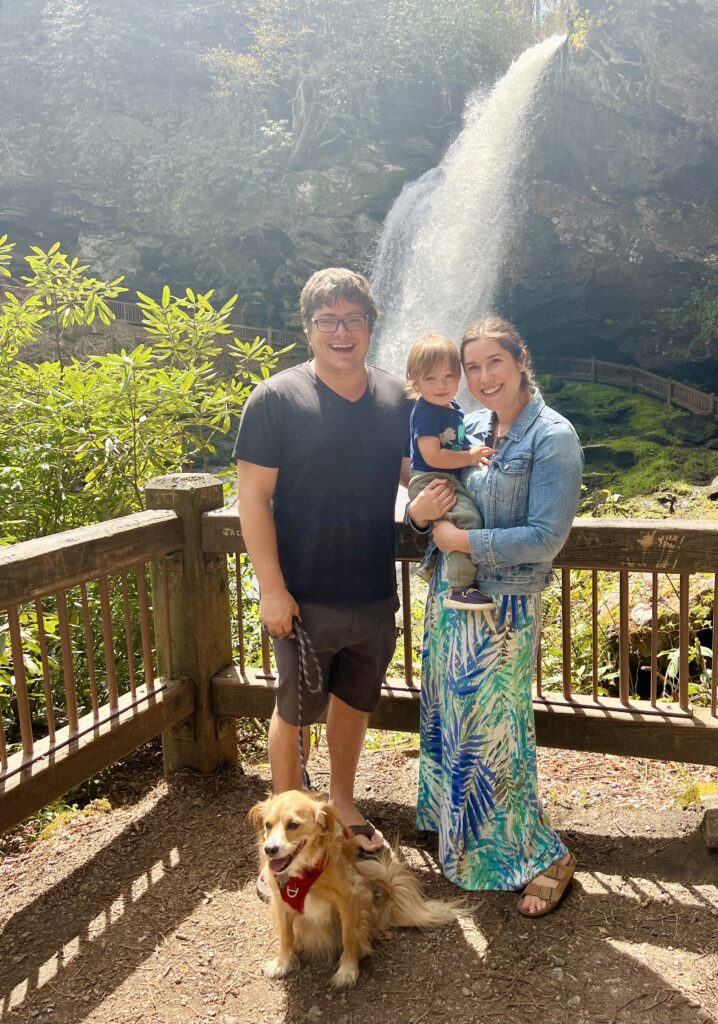 kate storm jeremy storm ranger storm and toddler in front of dry falls highlands north carolina