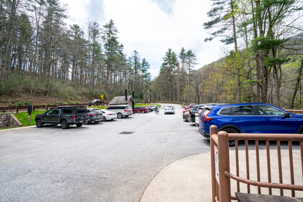 parking lot at dry falls north carolina with most spots filled
