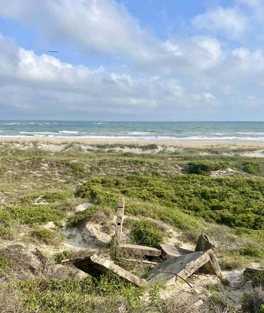 view of the remains of a wwii bunker with the atlantic ocean in the background in fort macon state park north carolina
